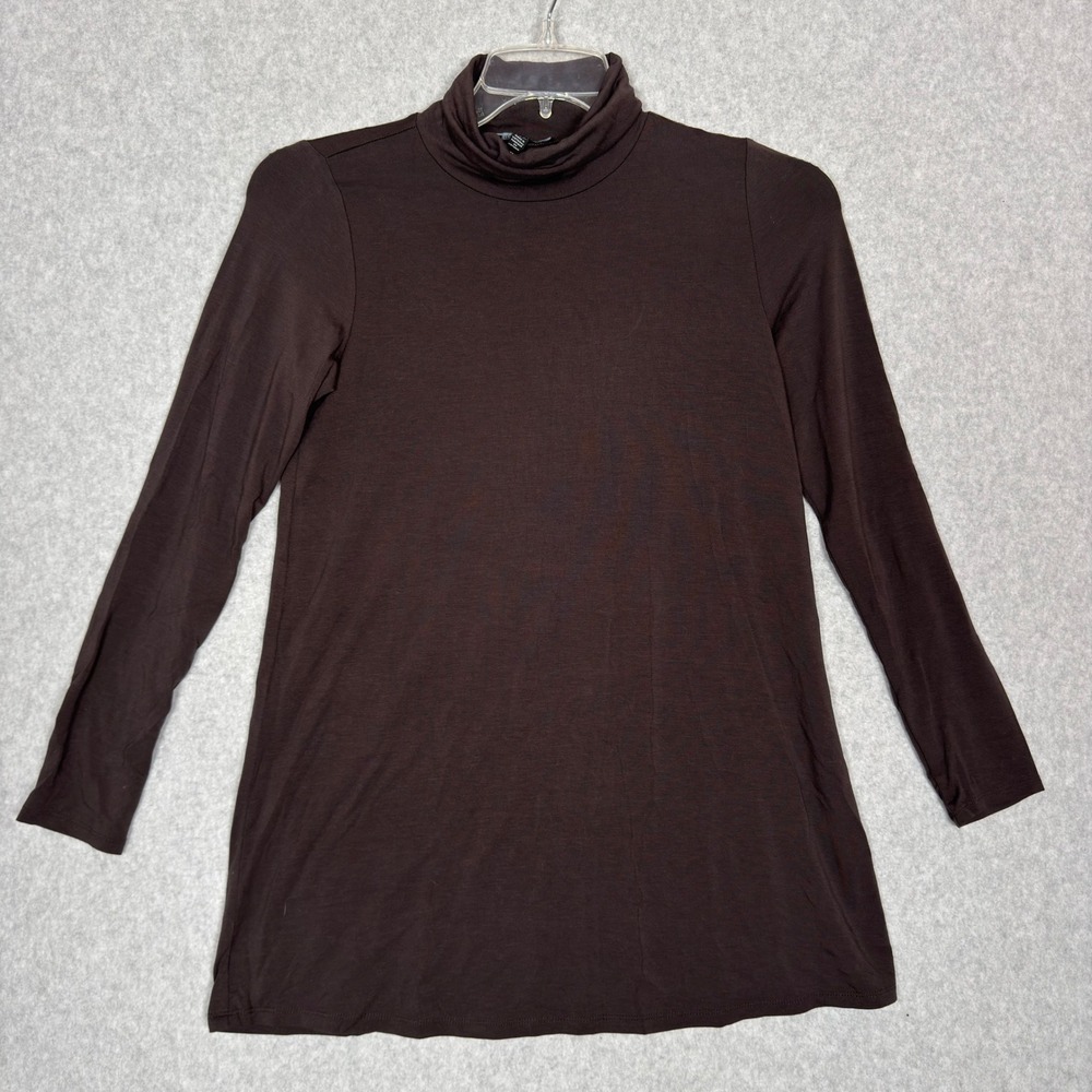 Eileen Fisher XXS 2XS Brown Tencel Blend Long Sleeve Turtleneck Tunic Mini Dress